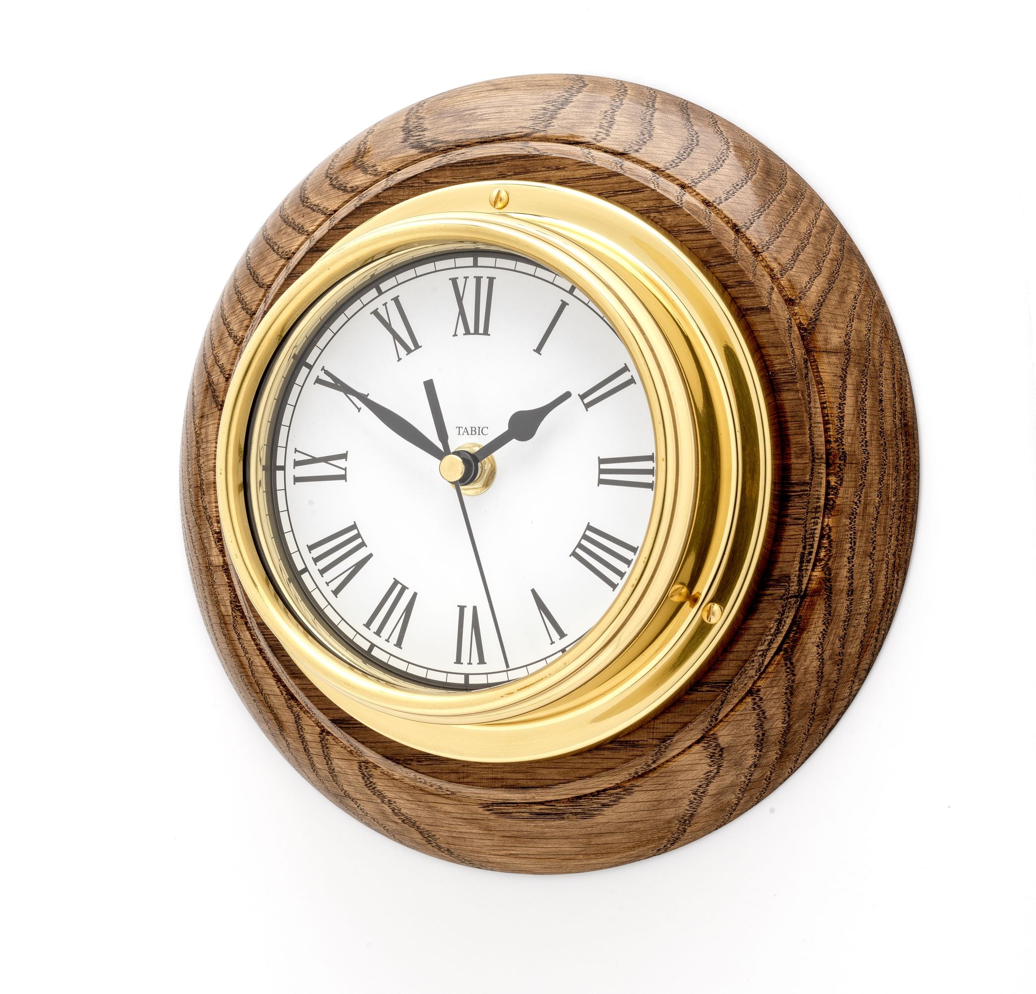 Handmade Solid Brass Roman Clock Mounted on an English Dark Oak Wall Mount