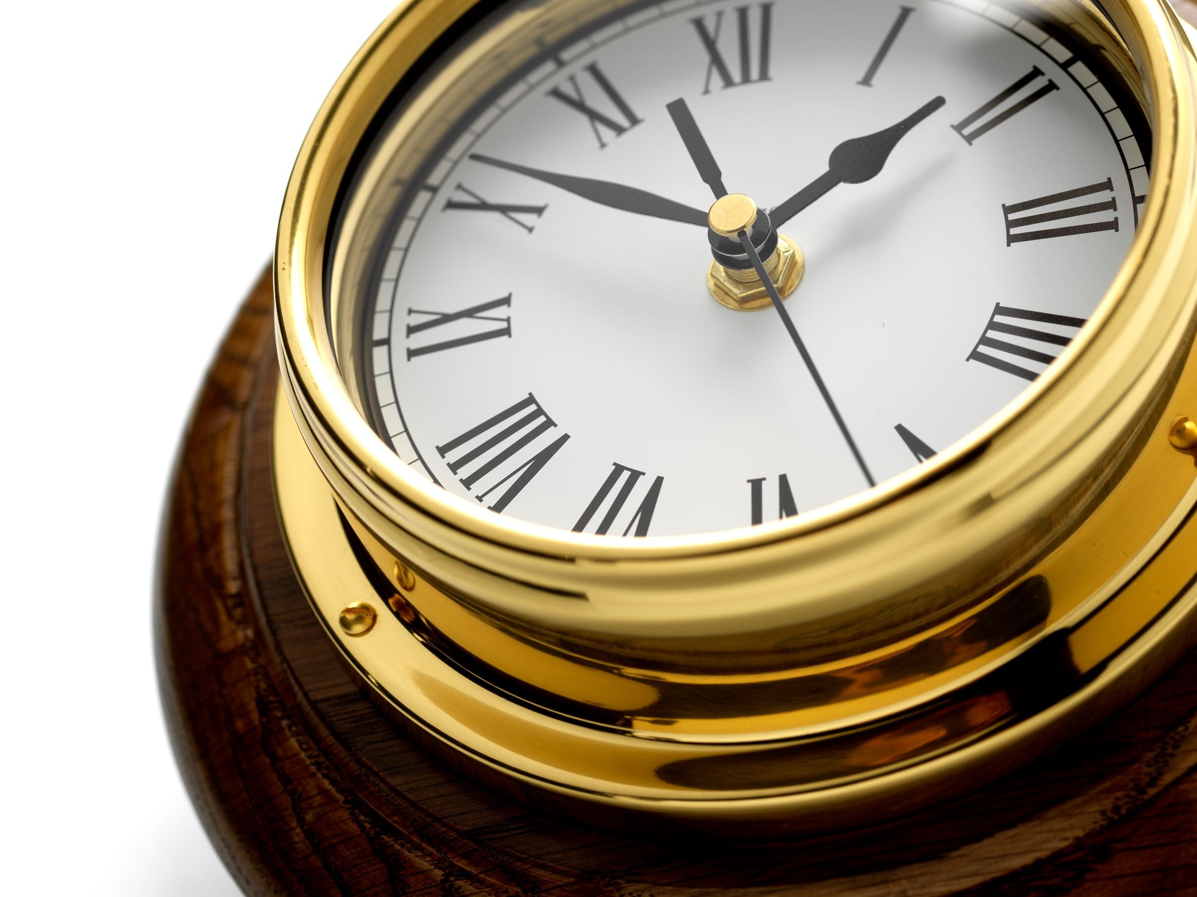 Handmade Solid Brass Roman Clock Mounted on an English Dark Oak Wall Mount