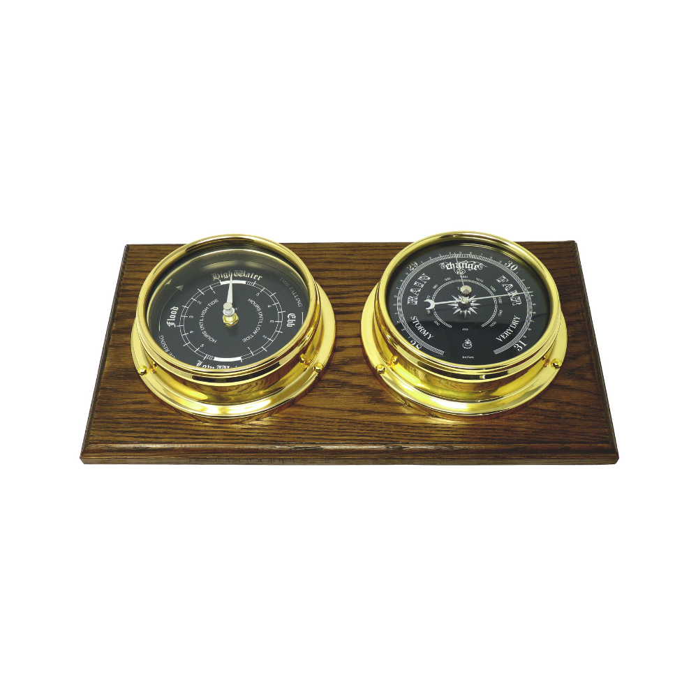 Handmade Prestige Brass Tide Clock & Barometer with Jet Black Dials, Mounted on a Solid English Dark Oak Wall Display