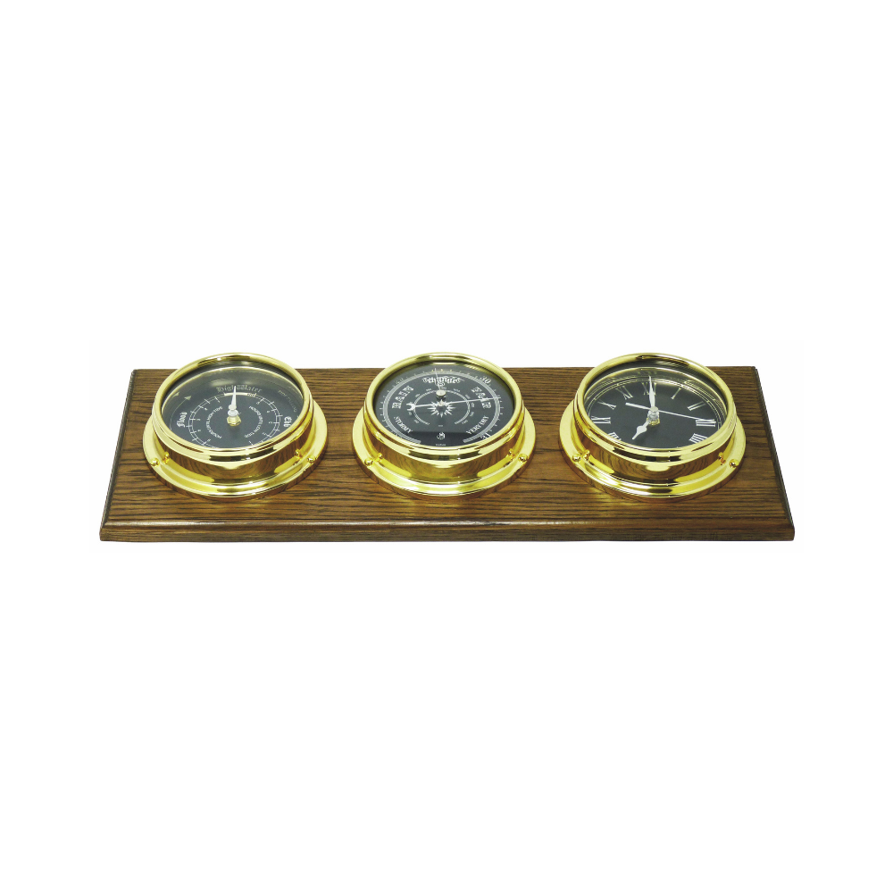 Handmade Prestige Brass Tide Clock, Traditional Barometer and Roman Clock with Jet Black Dials Mounted on a English Dark Oak Wall Mount