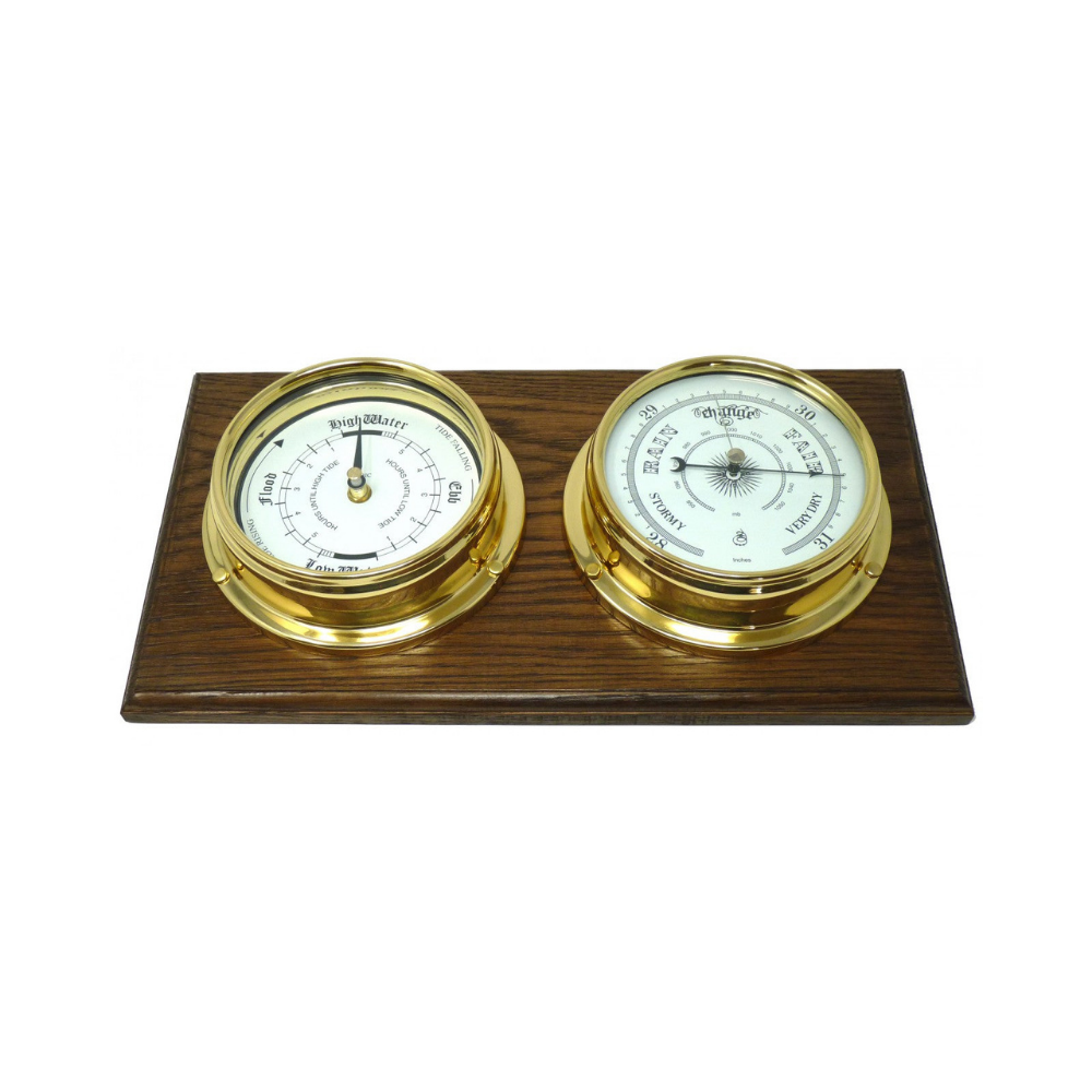 Mariner MKII Handmade Solid Brass Tide Clock and Traditional Barometer Mounted on a Double English Dark Oak Wall Mount