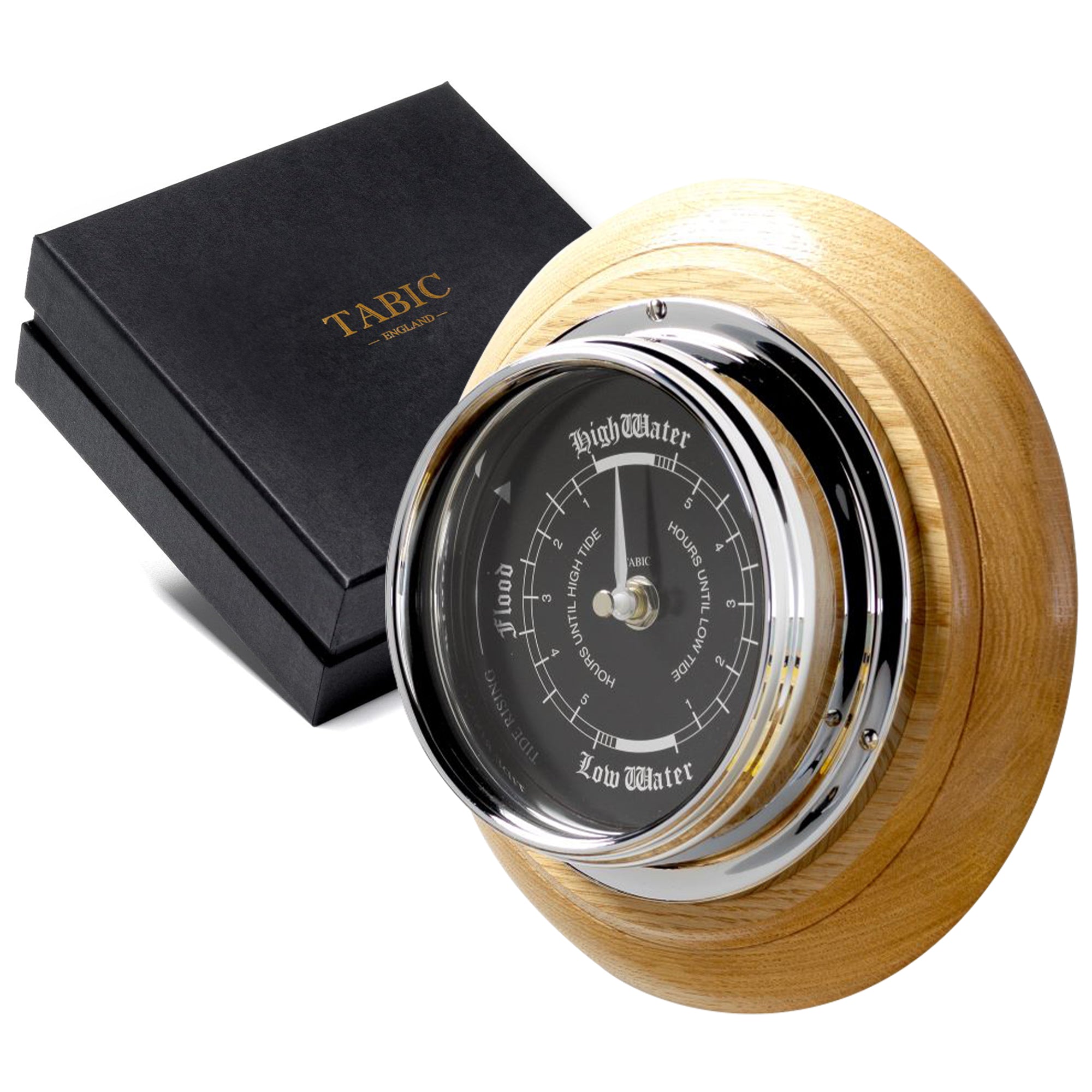 Mariner MKII Handmade Prestige Tide Clock in Chrome on a Natural stain English Oak Wall Mount