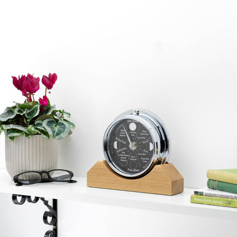 Prestige Chrome Moon Gardening Clock & Natural English Oak Mantle Mount