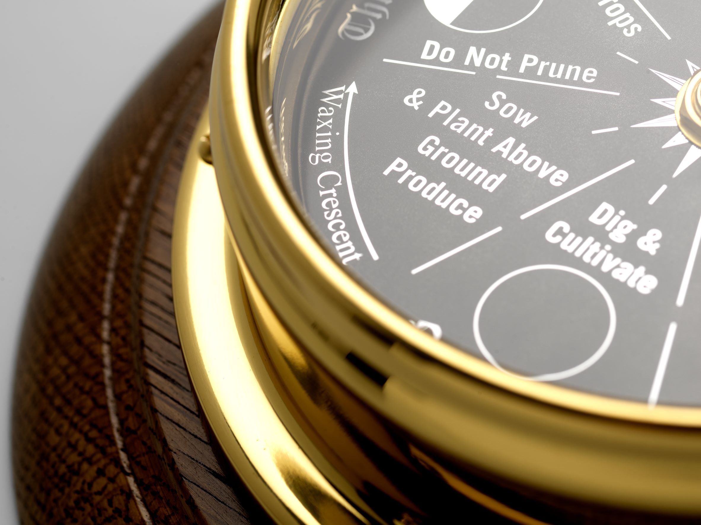 Prestige Brass Moon Gardening clock with A jet Black Mirrored Aluminium Dial, Mounted on a Solid English Dark Oak Wall Mount