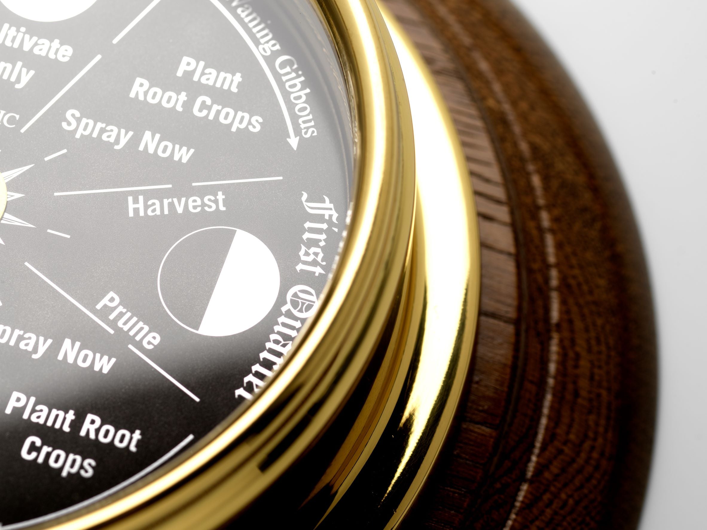 Prestige Brass Moon Gardening clock with A jet Black Mirrored Aluminium Dial, Mounted on a Solid English Dark Oak Wall Mount