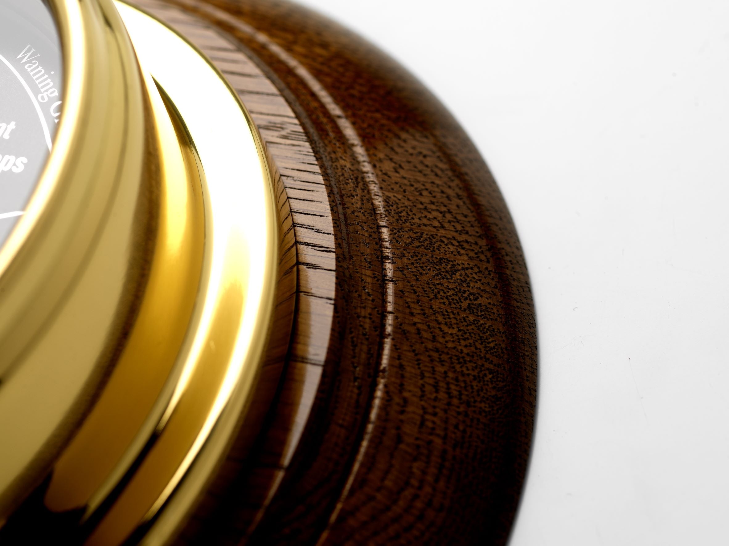 Prestige Brass Moon Gardening clock with A jet Black Mirrored Aluminium Dial, Mounted on a Solid English Dark Oak Wall Mount