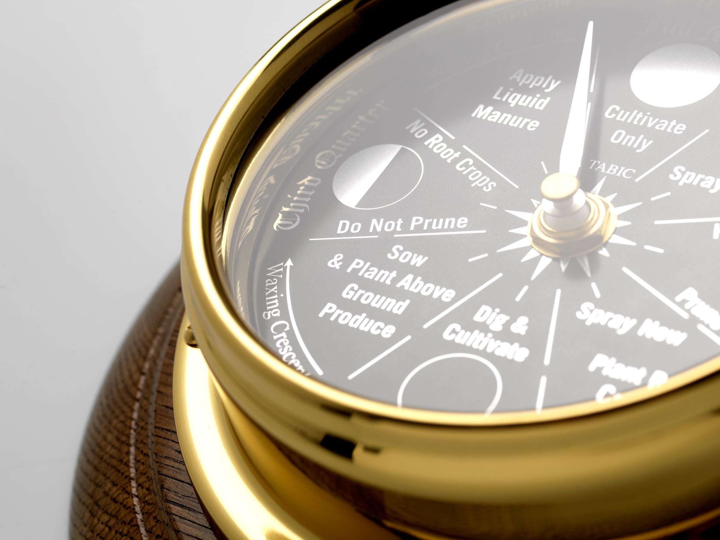 Prestige Brass Moon Gardening clock with A jet Black Mirrored Aluminium Dial, Mounted on a Solid English Dark Oak Wall Mount