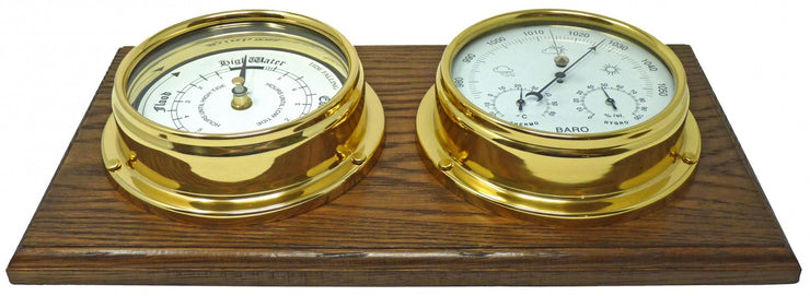 Handmade Solid Brass Tide Clock and Barometer with Built in Hygrometer and Thermometer Mounted on a Double English Dark Oak Wall Mount - TABIC CLOCKS