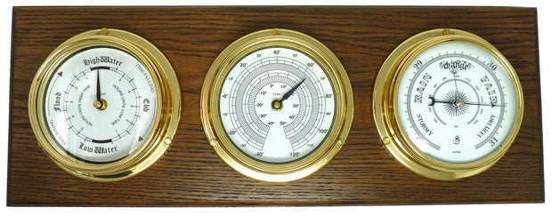 Handmade Brass Tide Clock, Barometer and Thermometer Mounted On  an English Dark Oak Wall Mount - TABIC CLOCKS