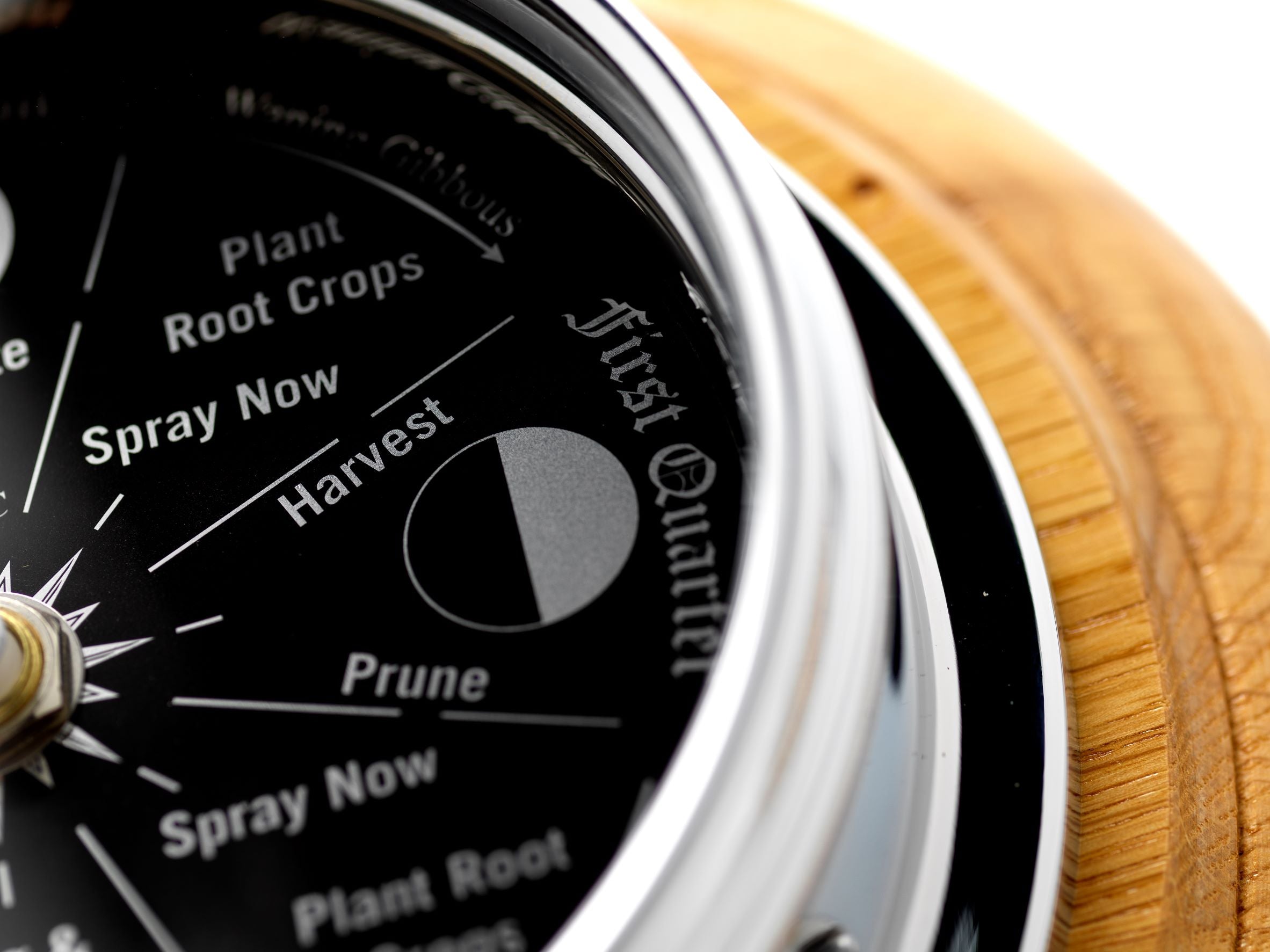 Prestige Chrome Moon Gardening Clock and English Light Oak Wall Mount