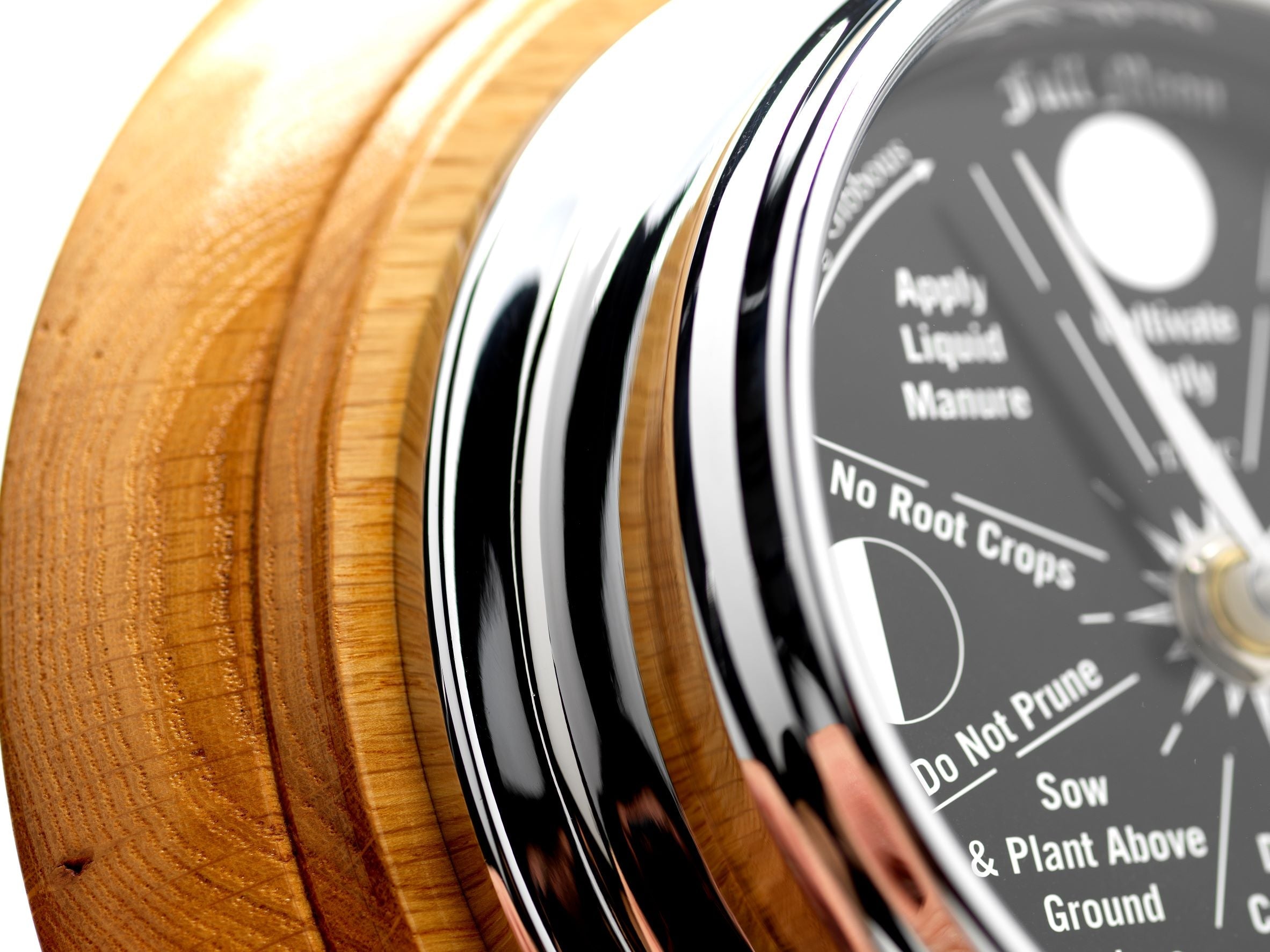 Prestige Chrome Moon Gardening Clock and English Light Oak Wall Mount