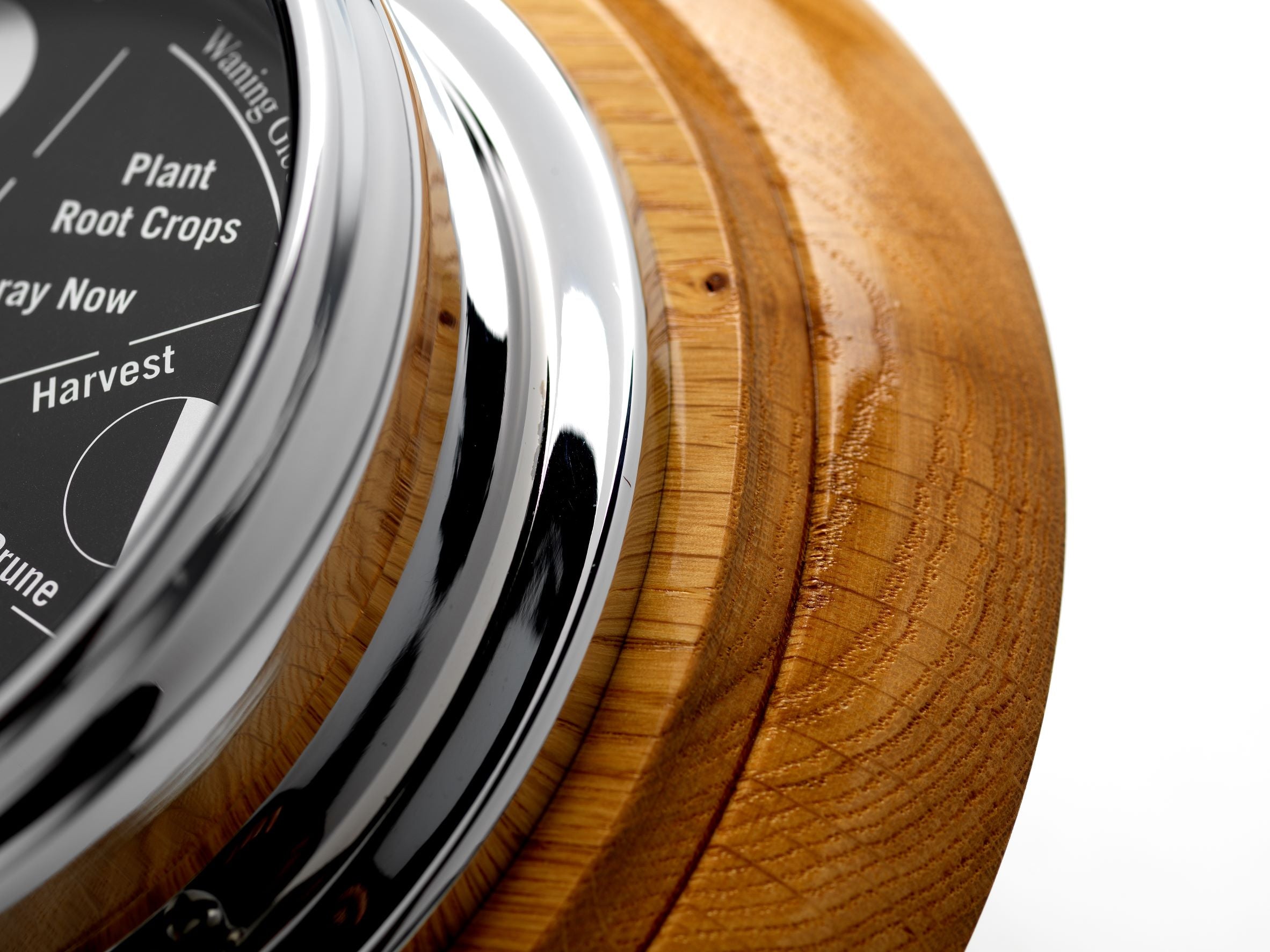 Prestige Chrome Moon Gardening Clock and English Light Oak Wall Mount
