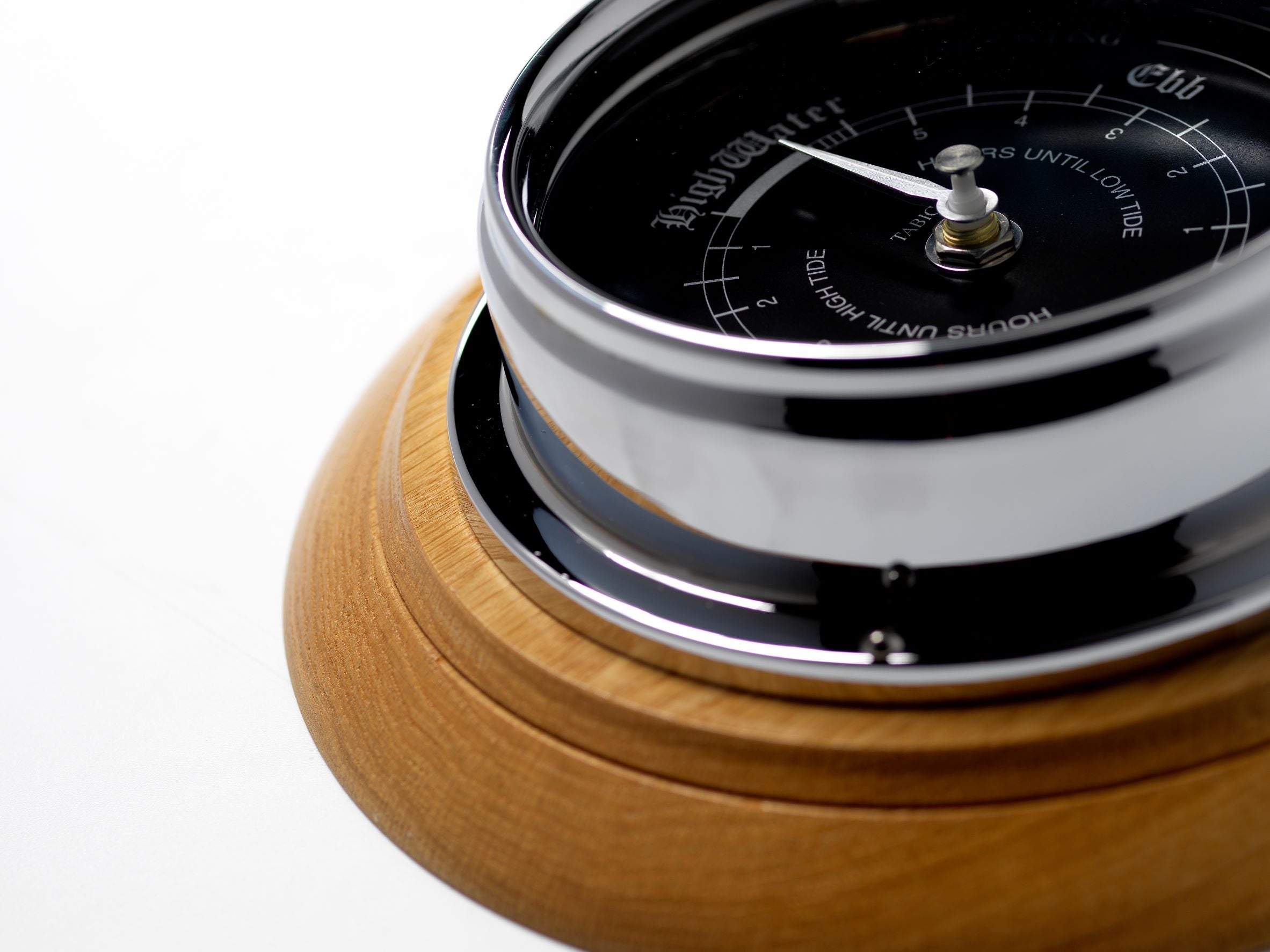 Handmade Prestige Tide Clock in Chrome on an English Light Oak Wall Mount - TABIC CLOCKS
