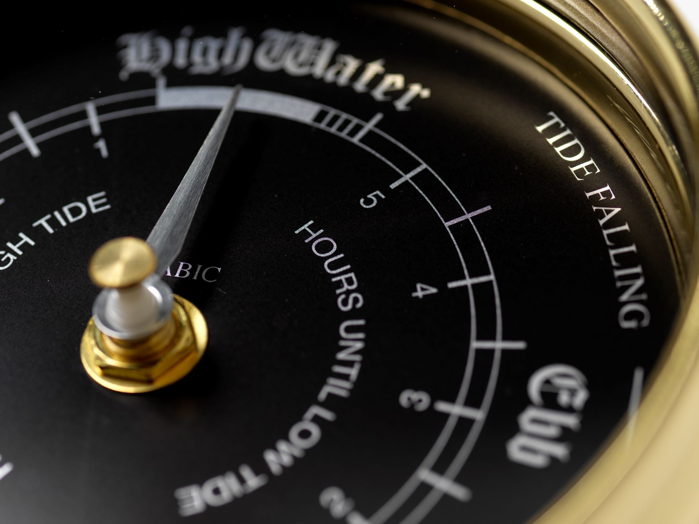 Handmade Prestige Tide Clock in Solid Brass With a Jet Black Dial, mounted on a solid English Dark Oak Mantel/Display Mount - TABIC CLOCKS