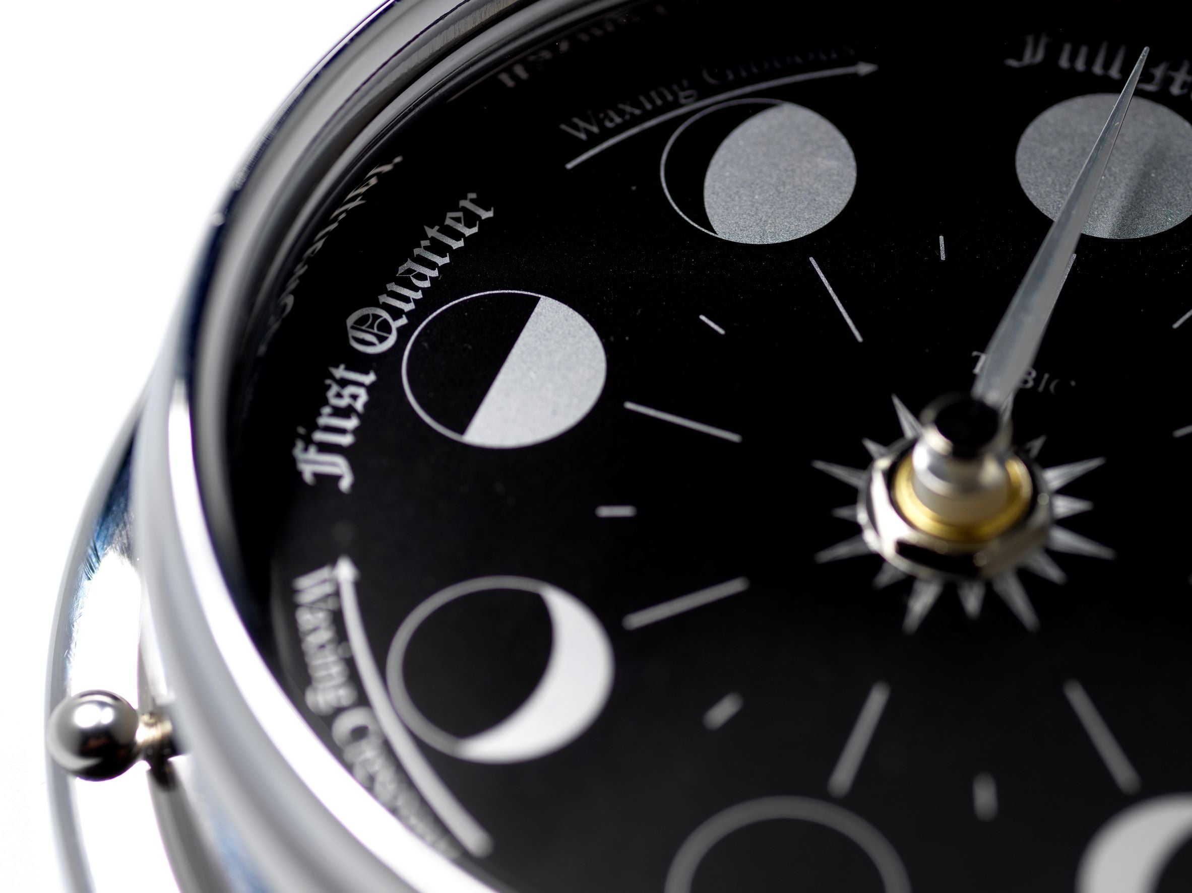 Handmade Prestige Moon Phase Clock in Chrome with Jet Black Dial created with a mirrored backdrop - TABIC CLOCKS