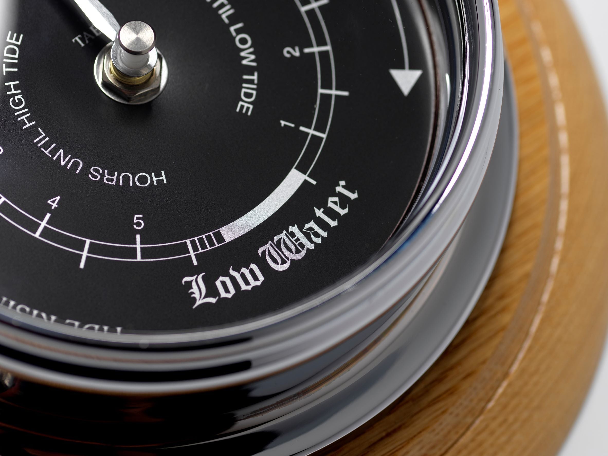Handmade Prestige Tide Clock in Chrome on an English Light Oak Wall Mount - TABIC CLOCKS