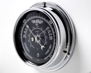 Handmade Prestige Traditional Barometer in Chrome with a Jet Black Dial created with a mirrored backdrop - TABIC CLOCKS