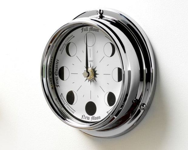 Handmade Moon Phase Clock In Chrome With White Dial - TABIC CLOCKS
