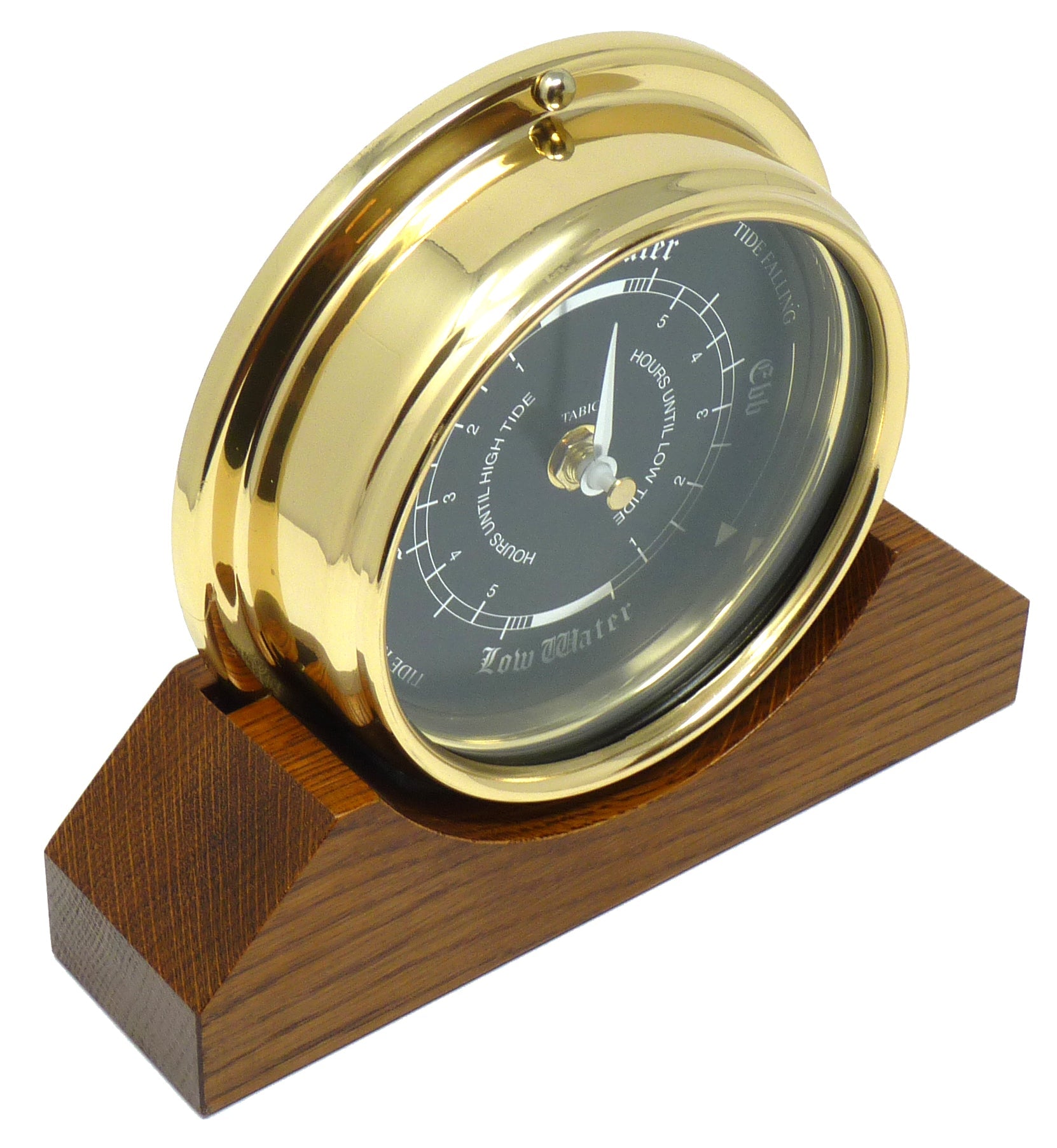 Handmade Prestige Tide Clock in Solid Brass With a Jet Black Dial, mounted on a solid English Dark Oak Mantel/Display Mount - TABIC CLOCKS