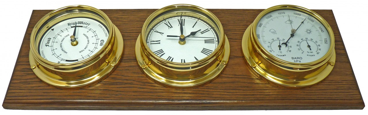 Handmade Brass Tide Clock, Barometer, Roman Clock Mounted on an English Dark Oak Wall Mount - TABIC CLOCKS