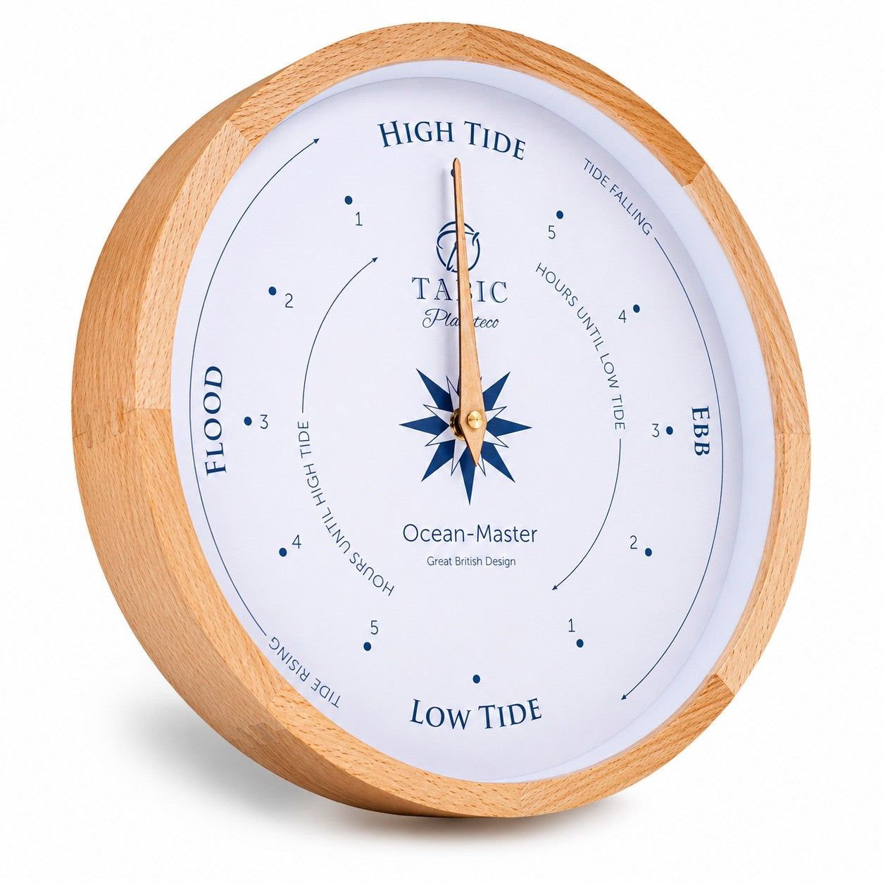 Tidal clock with wooden frame and white face displaying tide information.