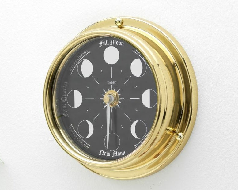 Handmade Prestige Moon Phase Clock in Solid Brass With A Jet Black Dial created with a mirrored backdrop