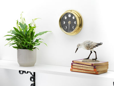 Handmade Prestige Moon Phase Clock in Solid Brass With A Jet Black Dial created with a mirrored backdrop