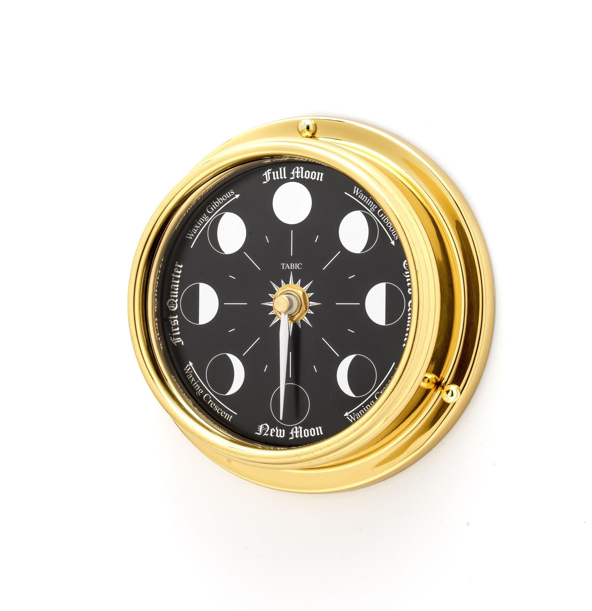 Handmade Prestige Moon Phase Clock in Solid Brass With A Jet Black Dial created with a mirrored backdrop