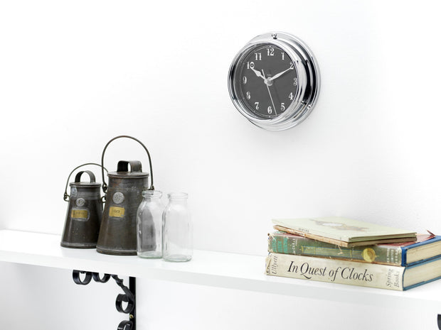 Handmade Prestige Arabic Clock in Chrome with A Jet Black Dial created with a mirrored backdrop