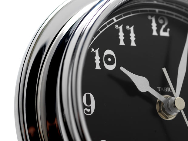 Handmade Prestige Arabic Clock in Chrome with A Jet Black Dial created with a mirrored backdrop