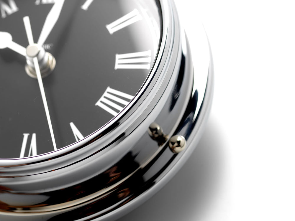 Mariner MKII Handmade Prestige Roman Clock in Chrome with Jet Black Di
