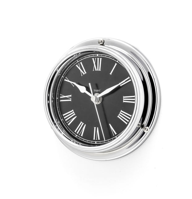 Handmade Prestige Roman Clock in Chrome with Jet Black Dial created with a mirrored backdrop