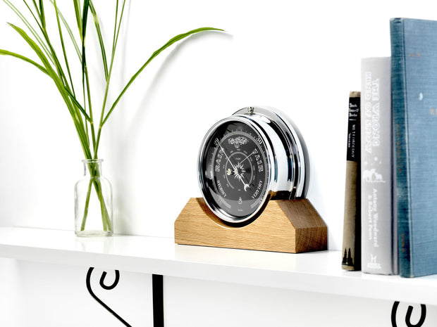 Handmade Prestige Barometer in Chrome with Jet Black Dial Mounted on an English Light Oak Mantel/Display Mount