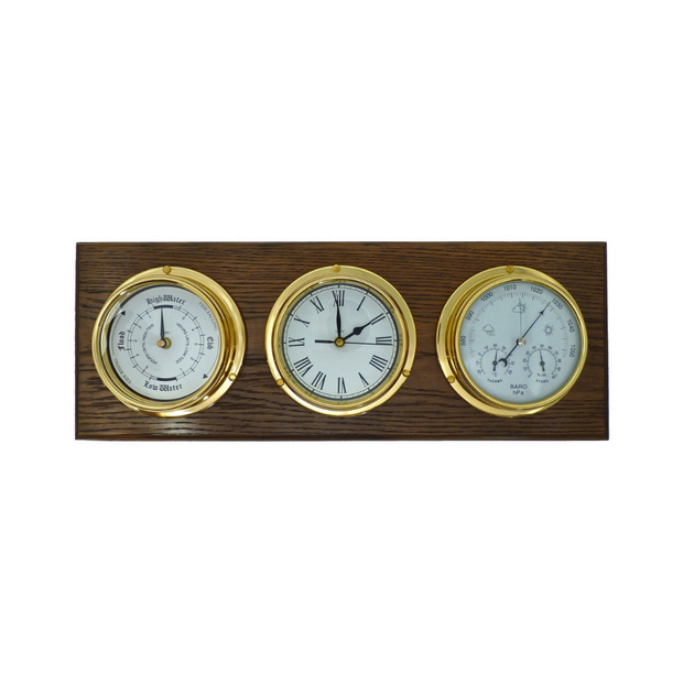 Handmade Brass Tide Clock, Barometer, Roman Clock Mounted on an English Dark Oak Wall Mount