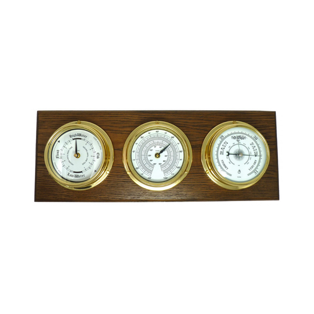 Handmade Brass Tide Clock, Barometer and Thermometer Mounted On  an English Dark Oak Wall Mount