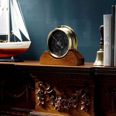 Handmade Prestige Barometer With Jet Black Dial Mounted on an English Dark Oak Mantel/Display Mount