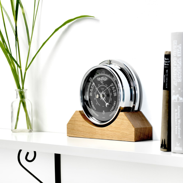 Handmade Prestige Barometer in Chrome with Jet Black Dial Mounted on an English Light Oak Mantel/Display Mount