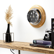 Handmade Prestige Moon Phase Clock in Chrome on an English Light Oak Wall Mount