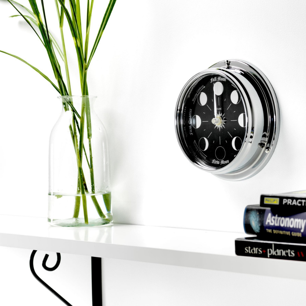 Handmade Prestige Moon Phase Clock in Chrome with Jet Black Dial created with a mirrored backdrop