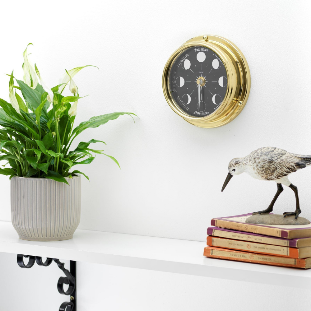 Handmade Prestige Moon Phase Clock in Solid Brass With A Jet Black Dial created with a mirrored backdrop