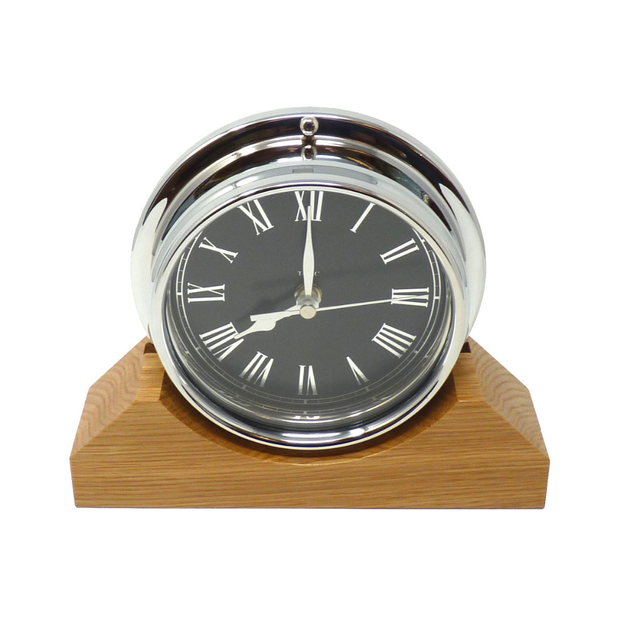 Handmade Prestige Roman Clock in Chrome with Jet Black Dial Mounted on an English Light Oak Mantel/Display Mount