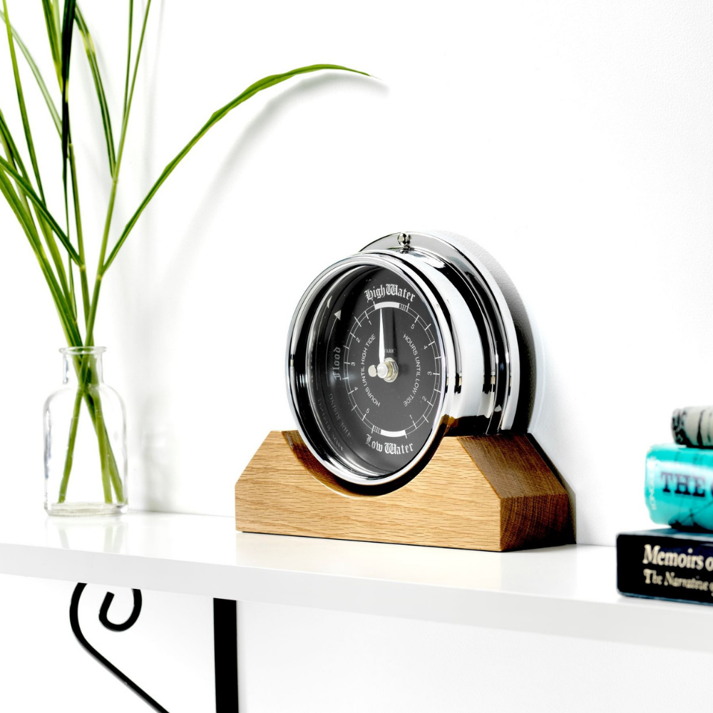 Handmade Prestige Tide Clock in Chrome on an English Light Oak Mantel/Display Mount