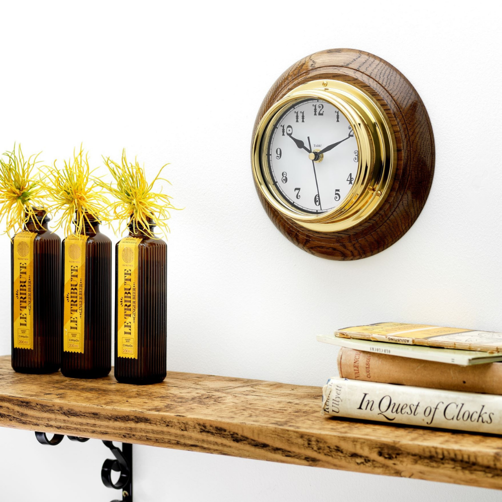 Handmade Solid Brass Arabic Clock Mounted on an English Dark Oak Wall Mount