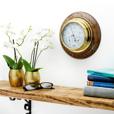 Handmade Solid Brass Barometer/Thermometer/Hygrometer on an English Dark Oak Wall Mount