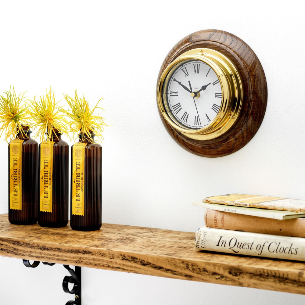 Handmade Solid Brass Roman Clock Mounted on an English Dark Oak Wall Mount