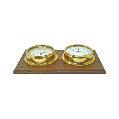 Handmade Solid Brass Thermometer and Barometer Mounted on a Double English Dark Oak Wall Mount