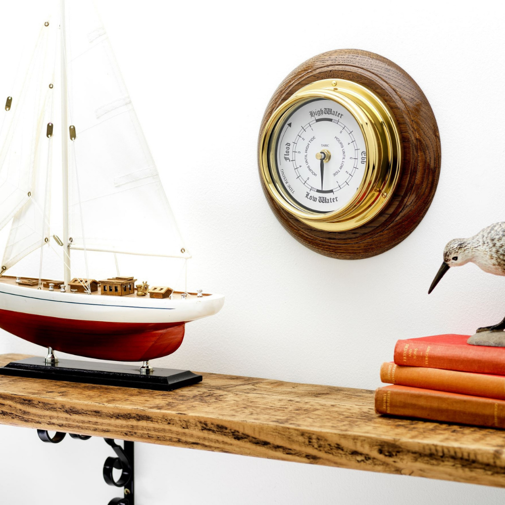 Handmade Solid Brass Tide Clock Mounted on an English Dark Oak Mount