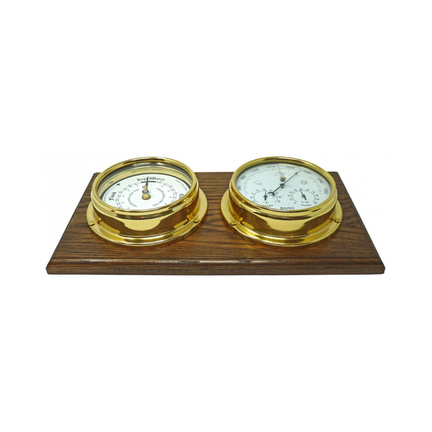 Handmade Solid Brass Tide Clock and Barometer with Built in Hygrometer and Thermometer Mounted on a Double English Dark Oak Wall Mount