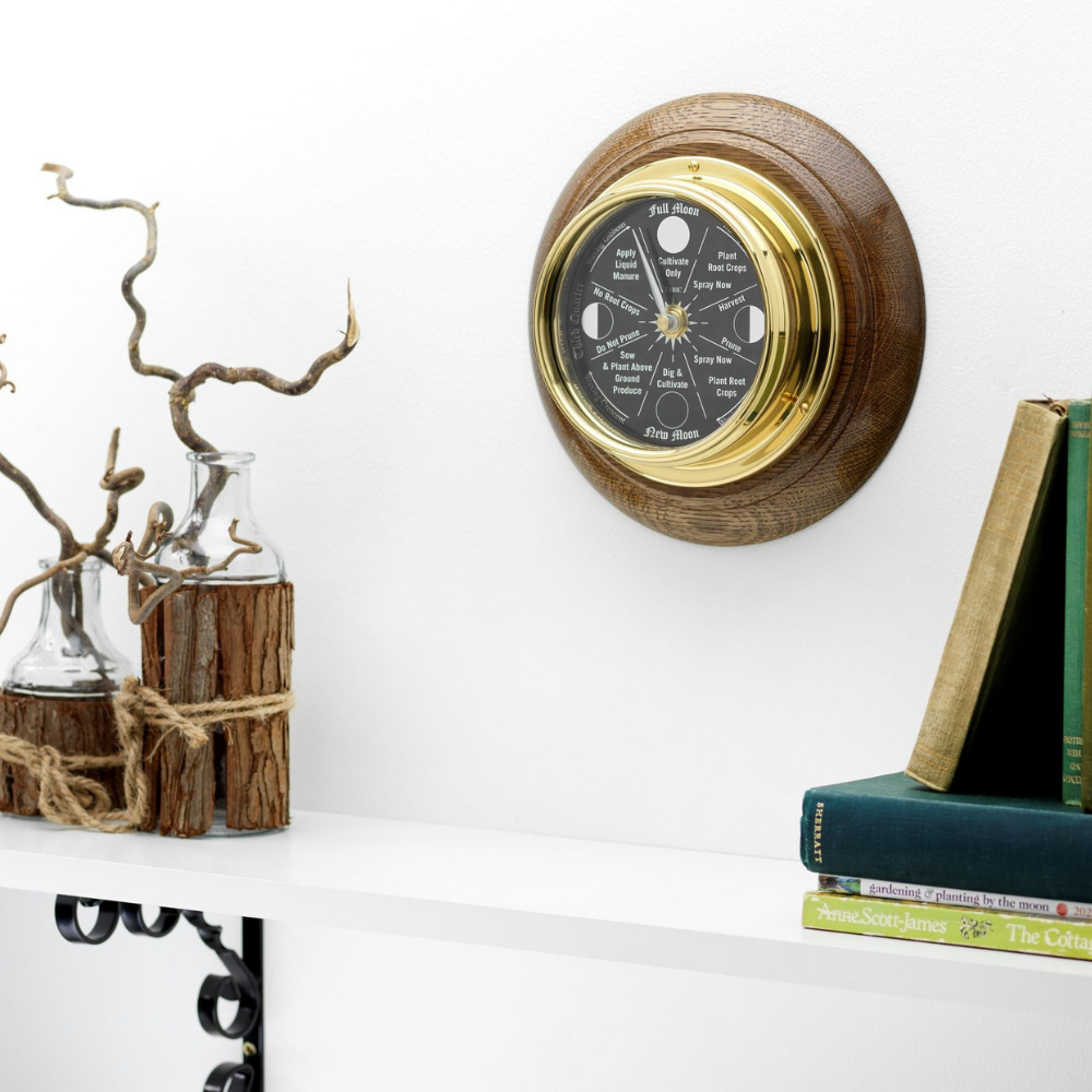 Prestige Brass Moon Gardening clock with A jet Black Mirrored Aluminium Dial, Mounted on a Solid English Dark Oak Wall Mount