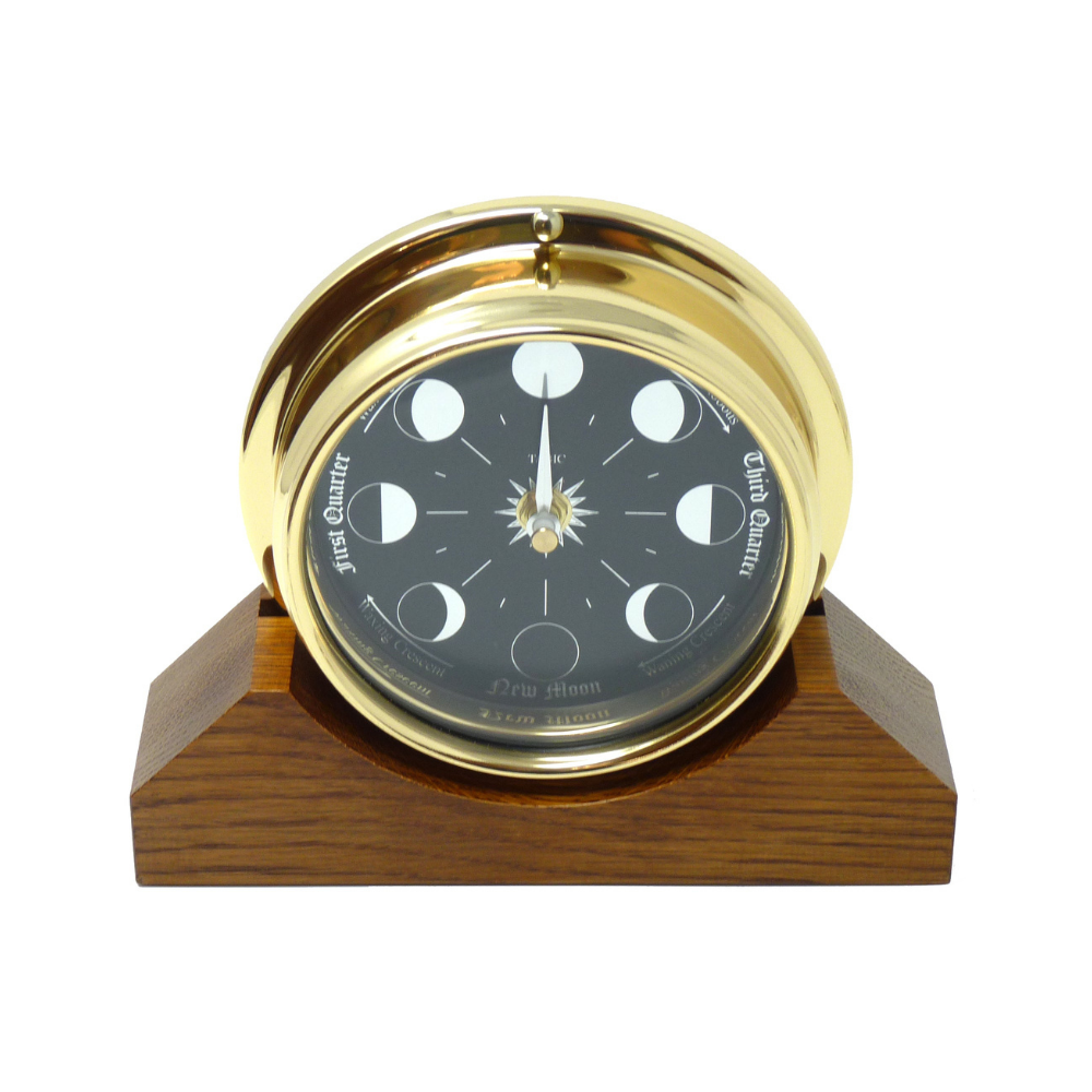 Prestige Brass Moon Phase Clock With a Jet Black Dial Mounted on a Solid English Dark Oak Mantel/Display Mount